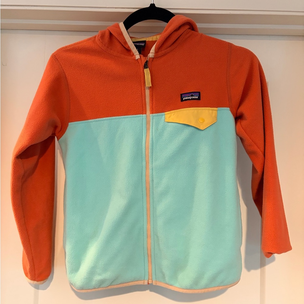 Patagonia Kids Colorblock Hooded Fleece Jacket - Orange, Aqua & Yellow